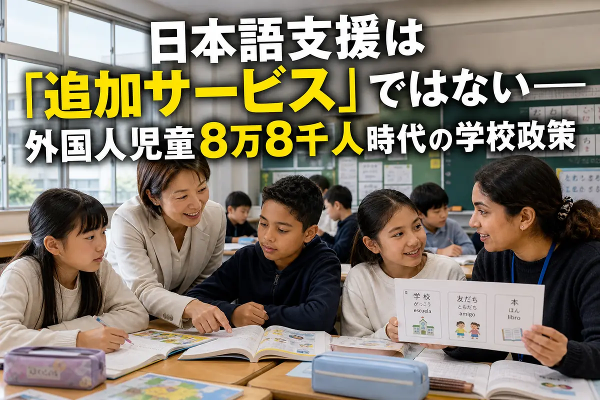 日本の教室で教師と支援員が多様な背景を持つ児童の学習を支えている。