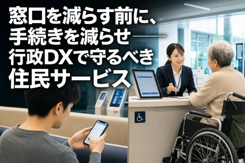 オンライン申請と対面支援が併存する自治体窓口のイメージ。