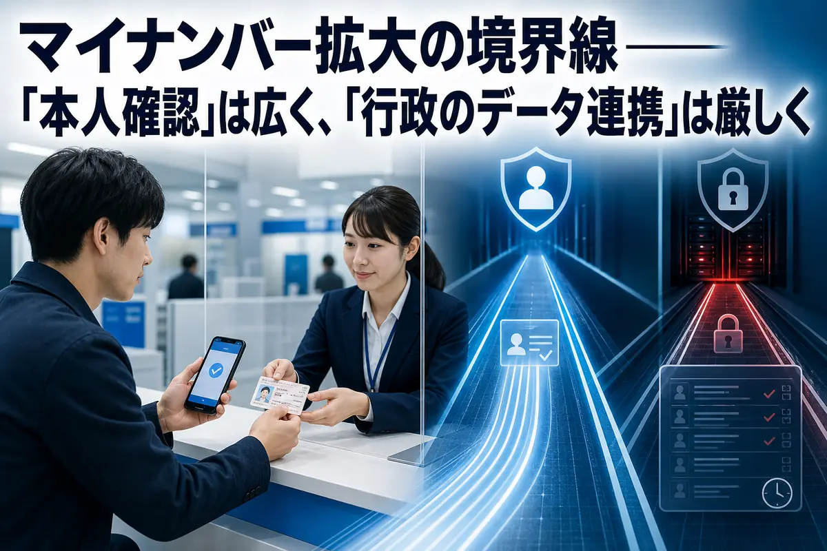 スマートフォンで本人確認を行い、行政データへのアクセス範囲を確認する様子。