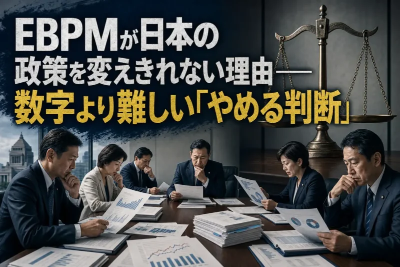 政策データと予算資料を見ながら協議する行政担当者と政治家。