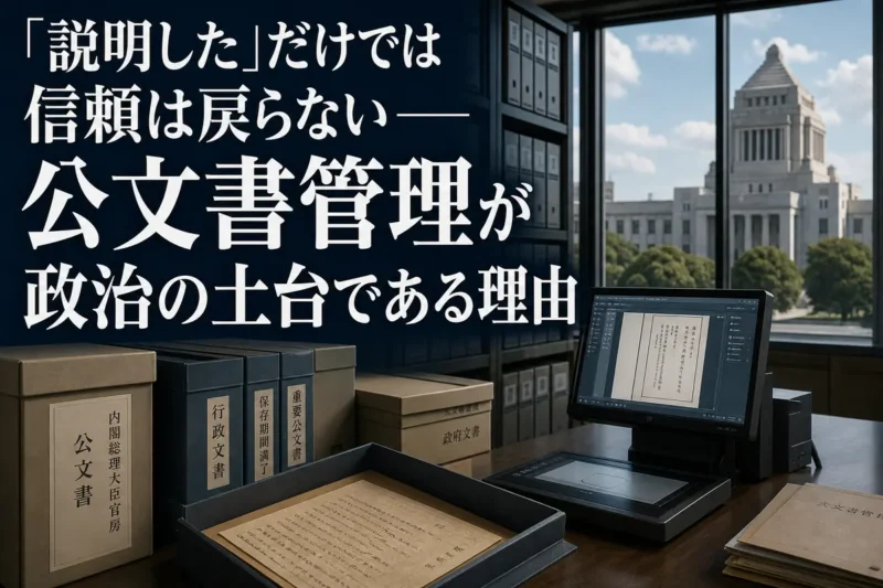 公文書ファイルとデジタル記録端末が並ぶ静かな資料室。