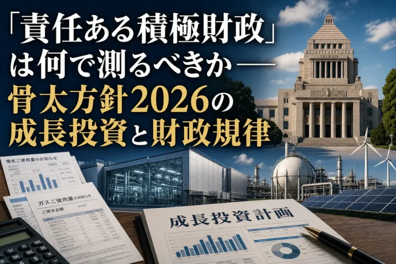 国会議事堂と先端工場、家計と投資資料を組み合わせた政策分析のイメージ。