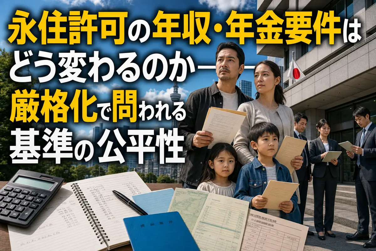 永住許可の申請書類と家計資料を確認する人々。
