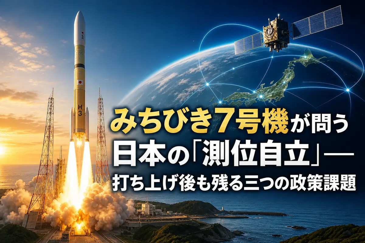 種子島から打ち上がるH3ロケットと日本上空の測位衛星を描いたイメージ。