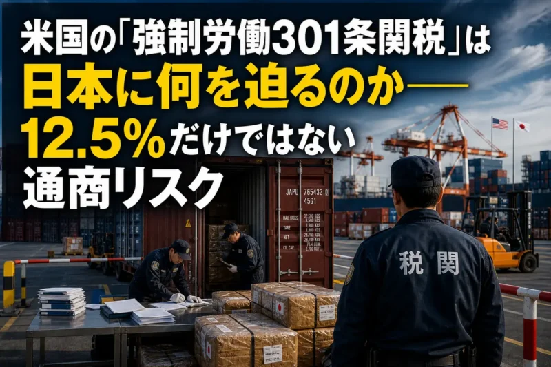 日米間の新たな関税措置を象徴する港湾と貨物コンテナ。