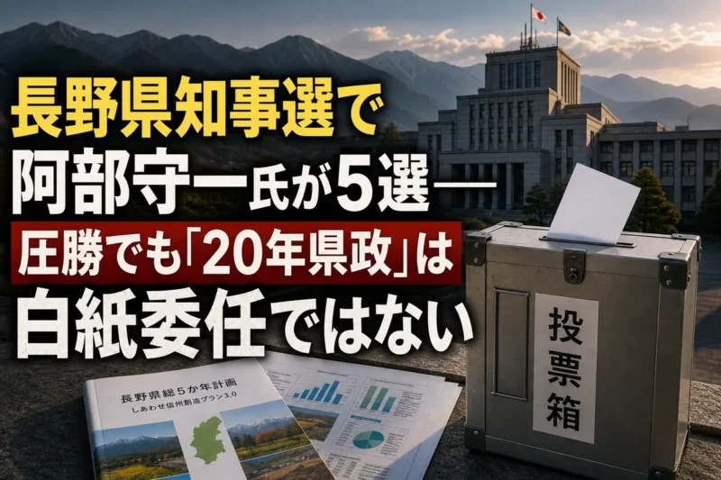 長野県庁と投票箱を背景に地方行政の課題を表現したイメージ。