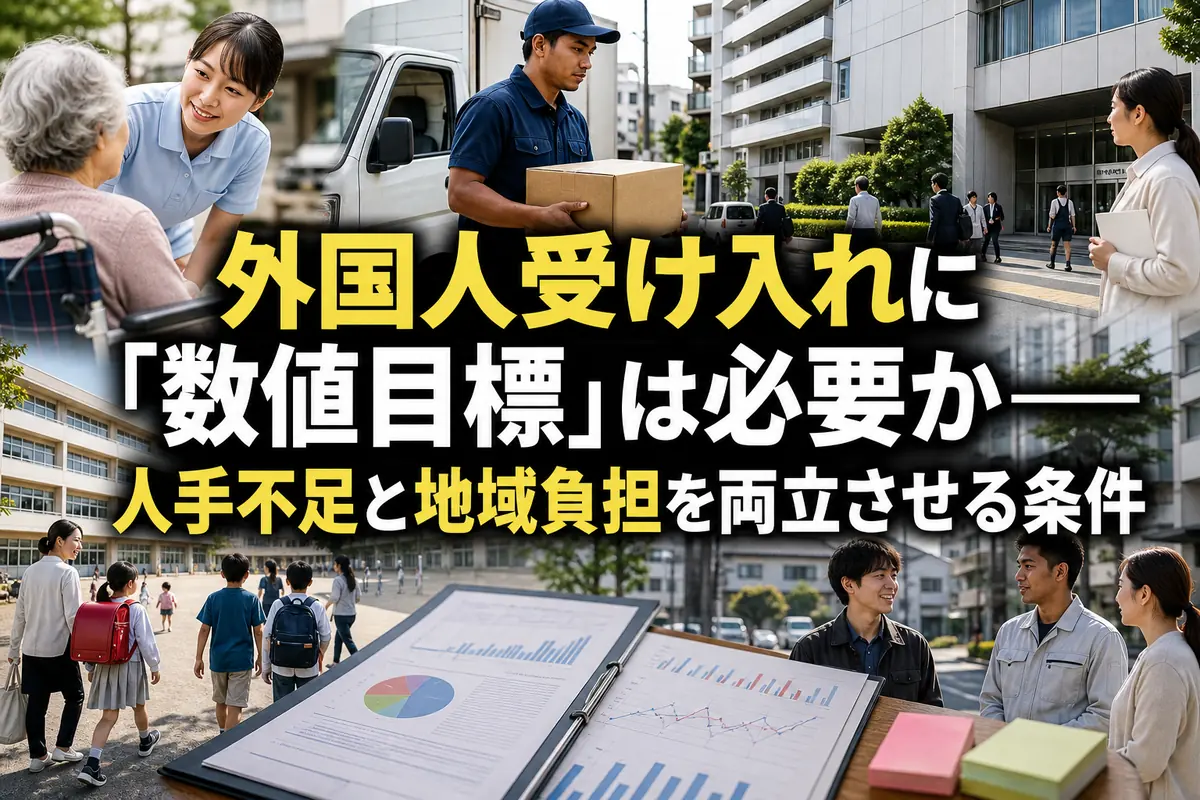 外国人材の受け入れと地域社会の課題を表す日本の街の風景。