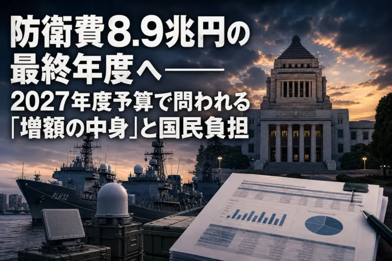 国会議事堂と防衛装備、予算資料を重ねた政策分析のイメージ。