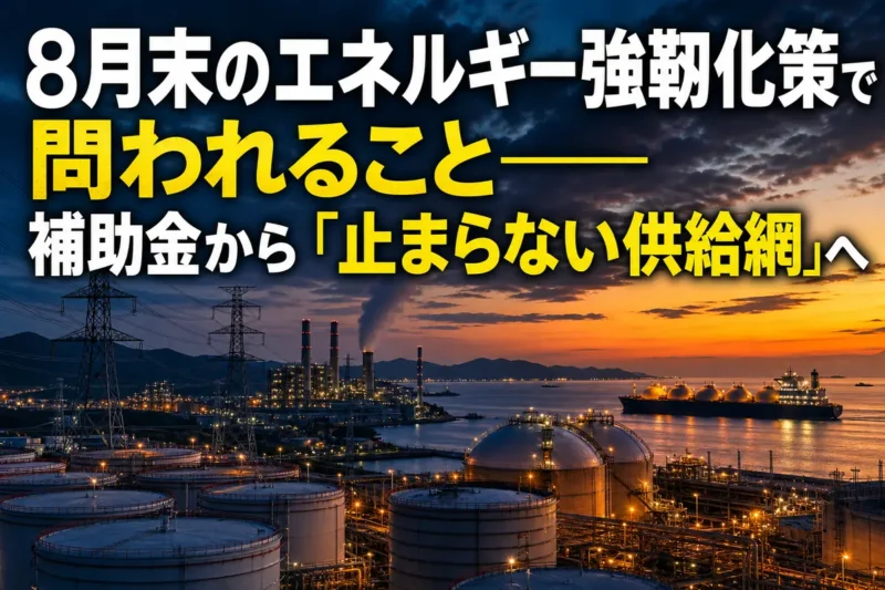 石油備蓄基地と発電・送電設備が並ぶ日本の沿岸部。
