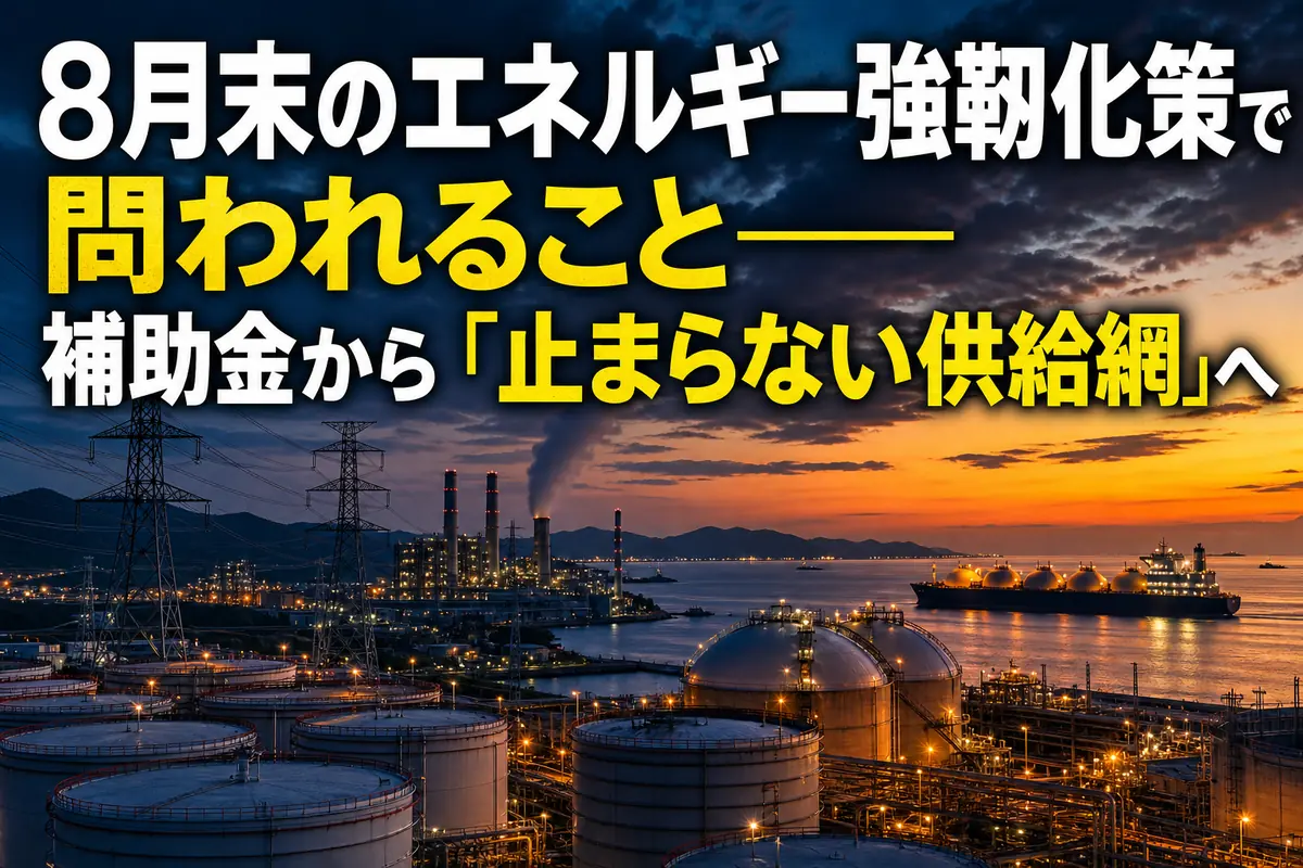 石油備蓄基地と発電・送電設備が並ぶ日本の沿岸部。