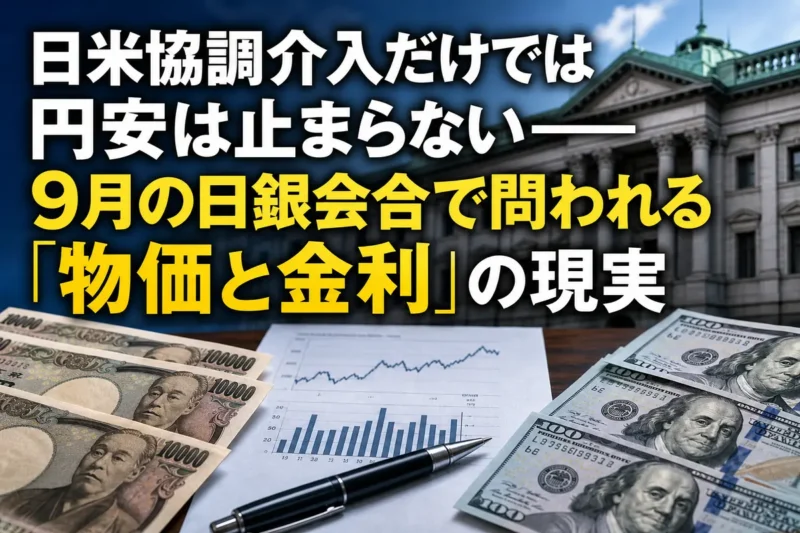 円紙幣とドル紙幣の向こうに日本銀行本店が見える政策解説のイメージ。