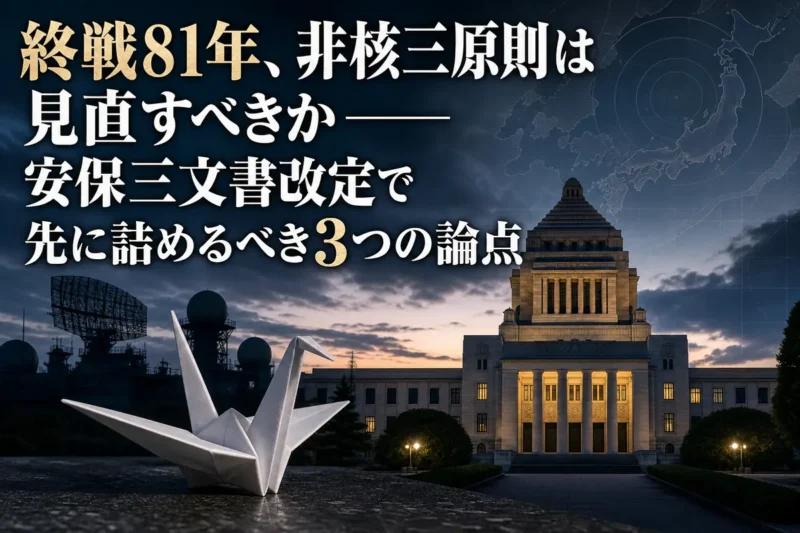 国会議事堂と折り鶴を背景に日本の安全保障政策を表現したイメージ。