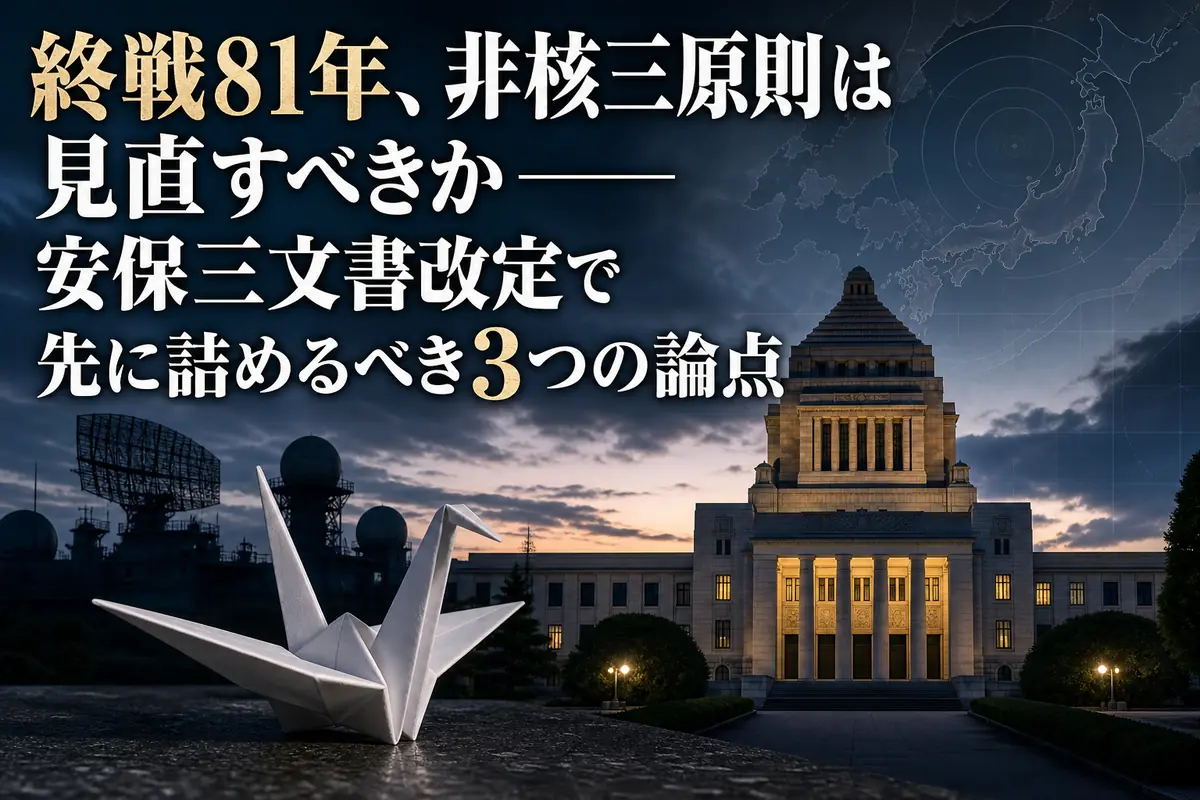 国会議事堂と折り鶴を背景に日本の安全保障政策を表現したイメージ。