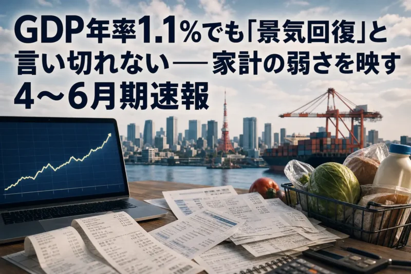 GDPの緩やかな伸びと家計負担の重さを対比したイメージ。