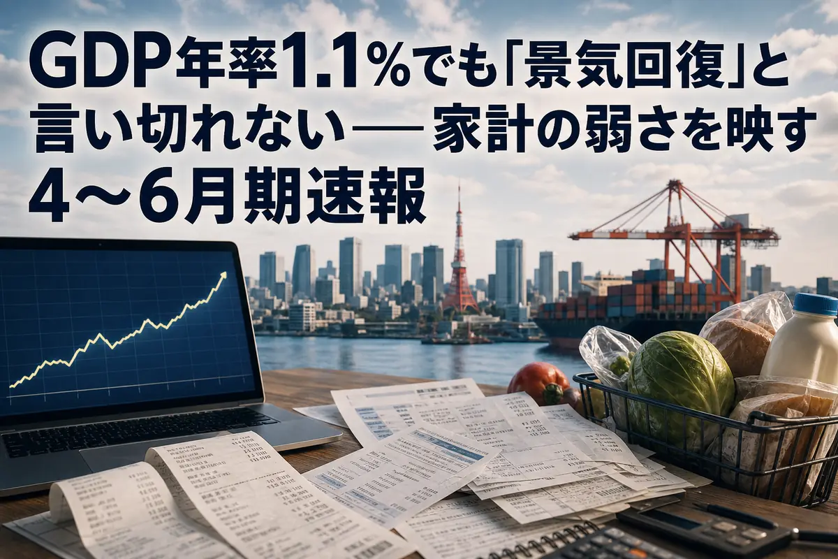 GDPの緩やかな伸びと家計負担の重さを対比したイメージ。