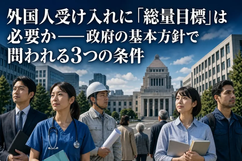 国会議事堂を背景に、多様な働き手と地域住民が行き交う様子。