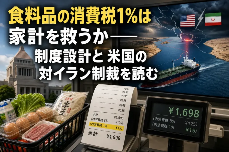 食料品の値札と国会、海上輸送を組み合わせた政策分析のイメージ。