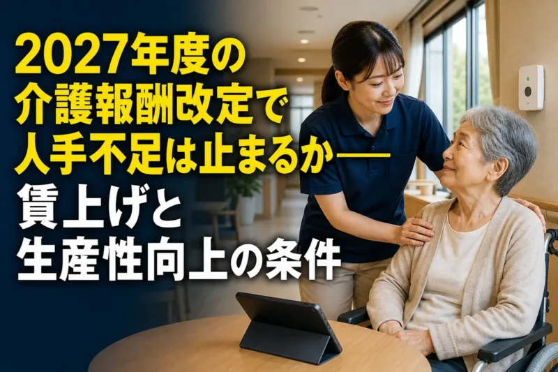 高齢者を支える介護職員と介護現場のデジタル機器。