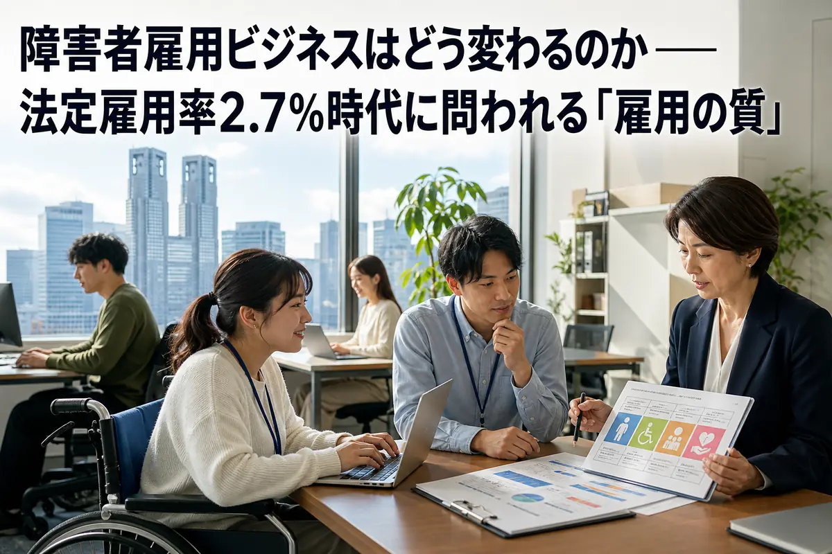 障害のある社員と人事担当者が職場で業務について話し合う様子。