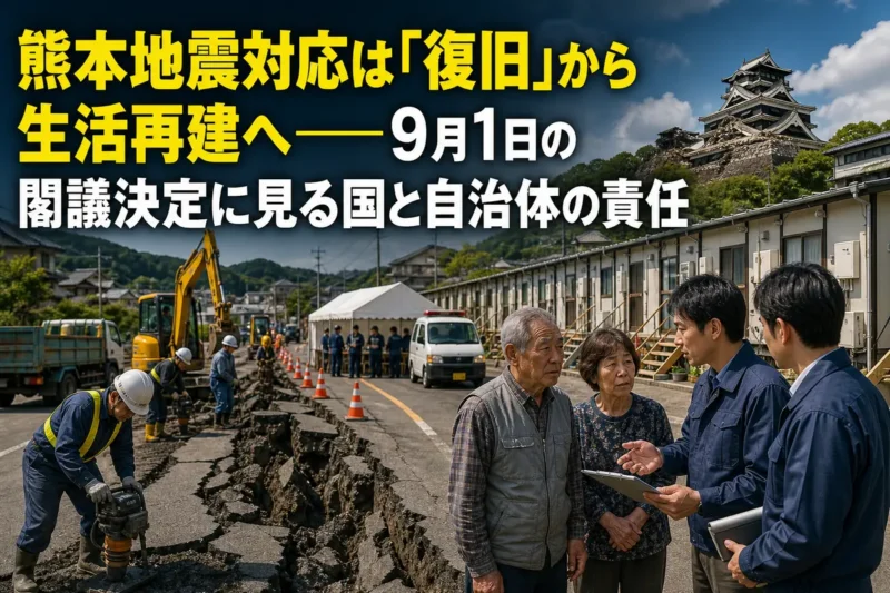 熊本地震の被災地で道路と暮らしの再建が進む様子。