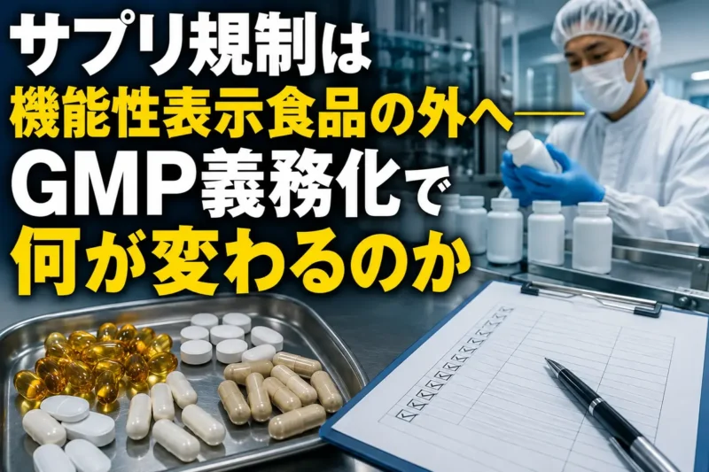 サプリメント製造施設で品質管理を確認する担当者のイメージ。