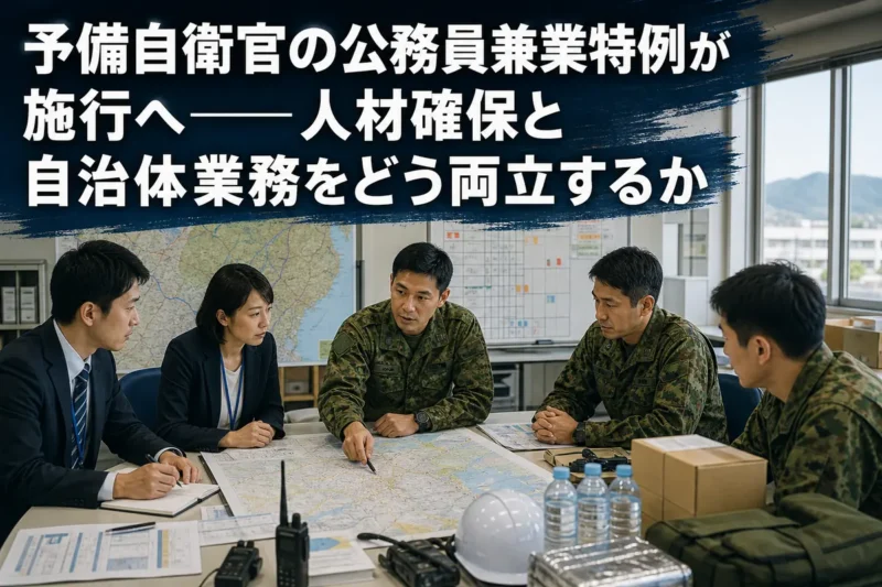 自治体職員と予備自衛官が災害対応の調整を行う様子。