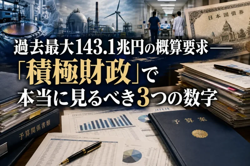 政府予算の書類と産業・社会基盤を重ねて表現したイメージ