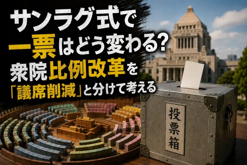 投票箱と色分けされた議席の模型を通じて選挙制度を表したイメージ。