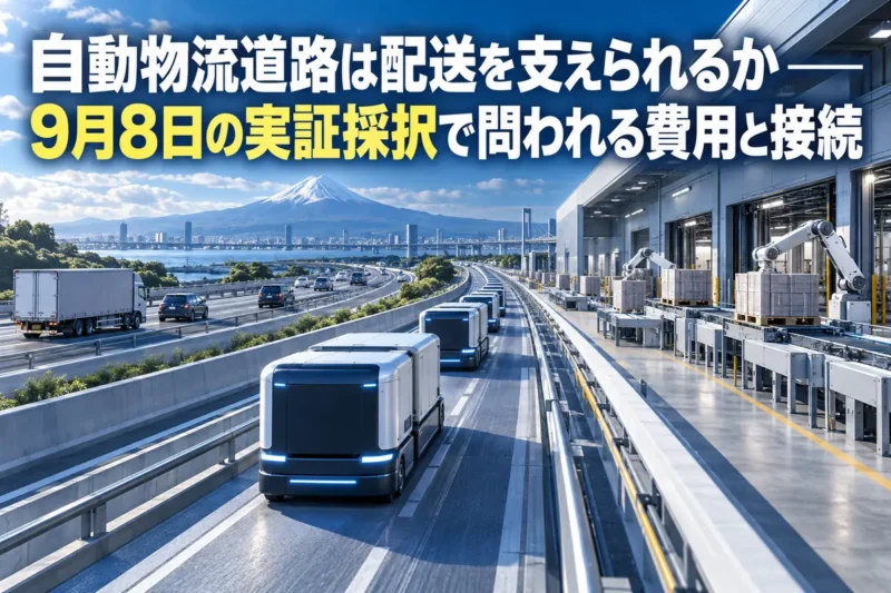 高速道路沿いの専用空間で貨物を運ぶ自動搬送機器と物流拠点のイメージ。