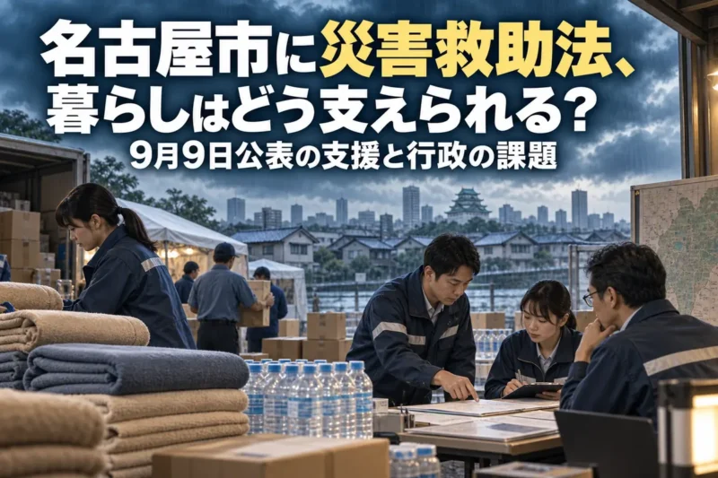 避難生活を支える物資と対応を調整する自治体職員のイメージ。